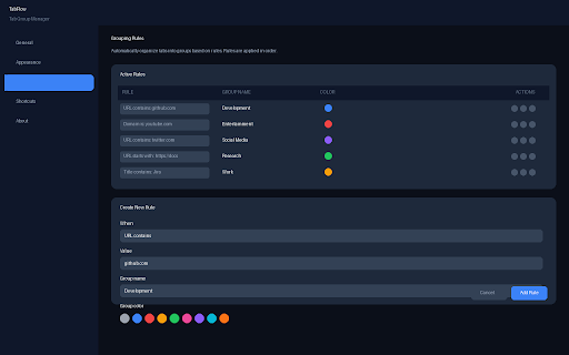 TabFlow - Tab Group Manager :: Manage Chrome tab groups with a sleek side panel. Switch, search, and auto-group tabs effortlessly.