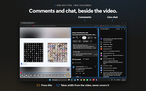 Windowed Fullscreen for YouTube™ :: Watch YouTube full-window without true fullscreen: tabs, taskbar and clock stay visible. Dock the comments beside the video.