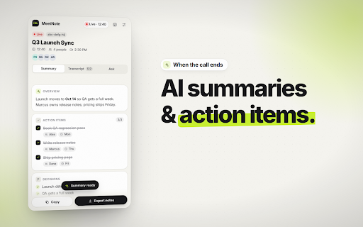 MeetNote: AI Notes for Online Meetings :: Live transcripts, AI summaries, action items and Q&A for Google Meet, Zoom, Microsoft Teams and Webex, right in your side panel.