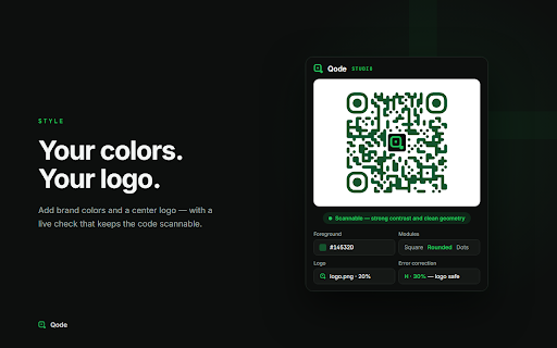 Qode — QR Code Generator & Scanner for Any Page or Text :: Generate & scan QR codes on any page. URL, WiFi, vCard, text & more. Style with colors, logo, export PNG/SVG. 100% local, no signup.