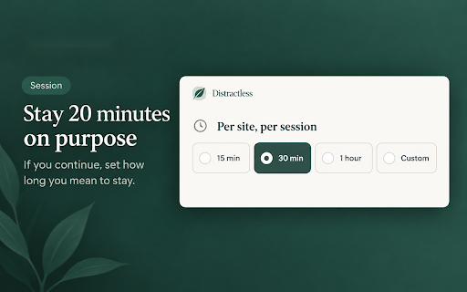 Distractless - Mindful Website Blocker :: Website blocker for Chrome that pauses instead of locking. Block distracting websites, set session limits, see a weekly summary.