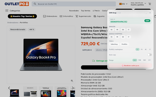 EAN Snap — Barcode Finder for FBA :: Snap EAN barcodes on 1000+ EU retail sites. One-click SellerAmp & ProfitGo panels without leaving the page. For FBA arbitrage.