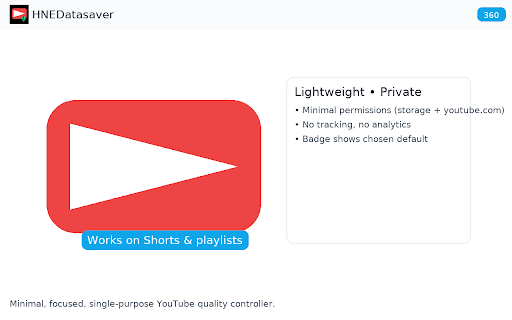 YouTube Datasaver - Default Quality :: Automatically set YouTube’s default video quality (144p–4K). Lightweight, no tracking, minimal permissions.