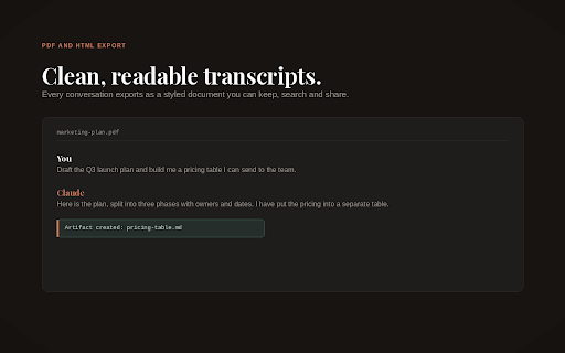 Backup for Claude: Export Projects & Chats :: Export and back up everything in Claude.ai. Save chats, projects, artifacts and files as PDF, HTML, Markdown, JSON and ZIP.