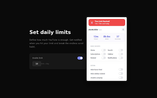 Shorts Killer - Block YouTube Shorts & Track Screen Time :: Block YouTube Shorts from your feed, search & homepage. Track screen time, set daily limits. YouTube detox for digital wellbeing.