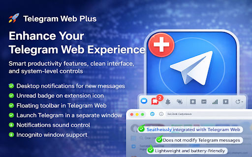 Telegram for Web :: Enhance Telegram Web with desktop notifications, quick controls and a floating toolbar.