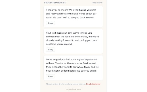 Reply AI — Review Reply Drafts :: Draft three thoughtful AI-written replies to customer reviews — in your voice. Paste, pick a tone, copy.