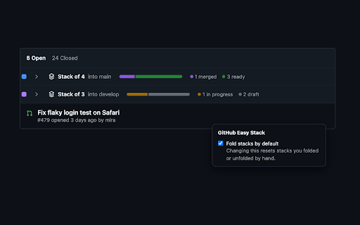 GitHub Easy Stack :: Groups stacked pull requests in GitHub pull request lists, with fold and progress per stack.