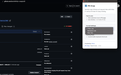 pr-snap :: PR-Snap is a Chrome extension that helps you quickly copy GitHub pull request links with titles in various formats for easy sharing.