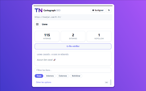 SEO Cartograph On-page : audit et analyse SEO :: Audit SEO complet de chaque page : balises, liens cassés, Core Web Vitals, CMS. Et les données Search Console et GA4 en direct.