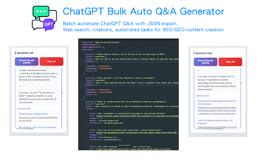 ChatGPT Bulk Auto Q&A Generator :: Batch automate ChatGPT Q&A with JSON export. Web search, citations, automated tasks for SEO/GEO content creation