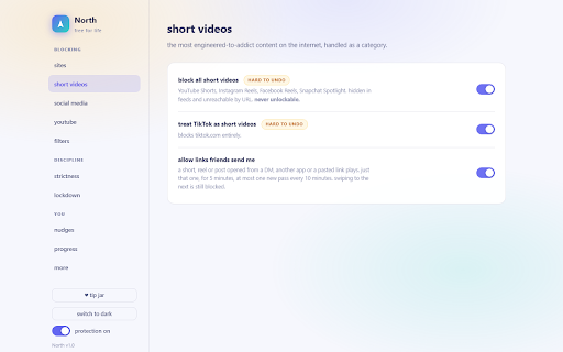 North: Focus & Distraction Blocker :: Free forever. Blocks Short Form Content, distracting sites and keywords, with schedules, time limits and an unlock you have to mean.