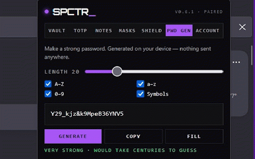 SPCTR — Private Vault Companion :: Autofill saved logins, use vault-held passkeys, fill one-time codes, and spin up burner aliases — all decrypted locally.