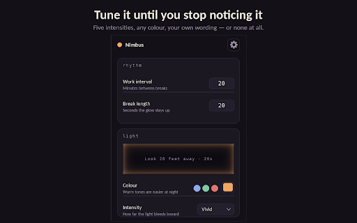 Nimbus - Eye Strain Break Reminder :: A soft glow around the edge of your browser reminds you to rest your eyes every 20 minutes. No popups, no alarms, no tracking.