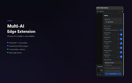 Multi-AI Edge Extension :: Access Gemini, ChatGPT, Claude, Groq & more from one sidebar. Screenshots, PDF analysis, chat history.