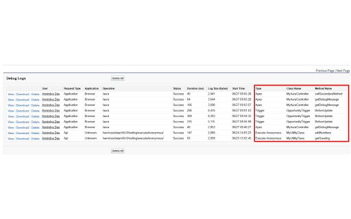 Salesforce Debug Log Enhancer :: Instantly see Execution Type, Class Name, and Method Name in Salesforce debug logs. Includes a 'Delete All Logs' helper.