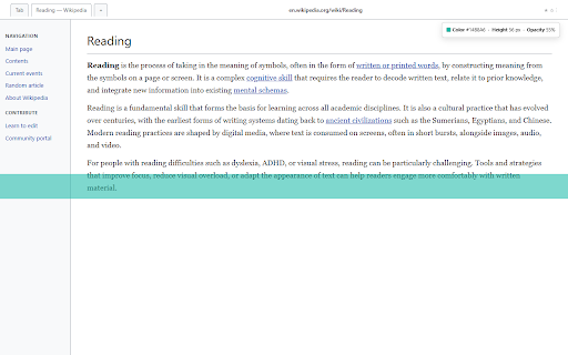Reading Ruler :: A horizontal highlight that follows the mouse to help you focus on a single line while reading. Useful for ADHD, dyslexia, students.
