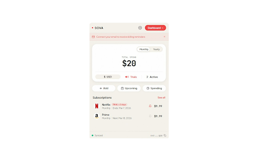 SOVA :: Smart subscription tracker - Detects checkout pages and helps you manage recurring payments