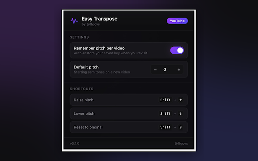 Easy Transpose by @ffgcvs :: Transpose pitch, slow down, and loop sections of any YouTube video. For musicians and singers practicing along.