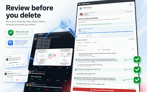 X Bulk Clean :: Free bulk cleanup tools for X. Delete posts/replies, remove likes/reposts, manage follows, and export CSV backups locally.