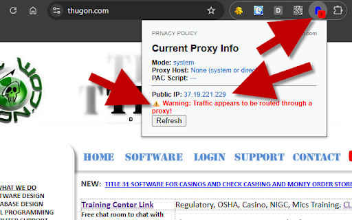 Proxy Detector :: Displays current browser proxy mode, public IP, and warns if traffic is routed through a proxy.