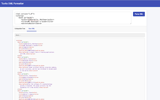 Tuvito XML Formatter :: Paste or type XML, then view a collapsible, color-coded tree and clickable raw XML panel with sleek styling.