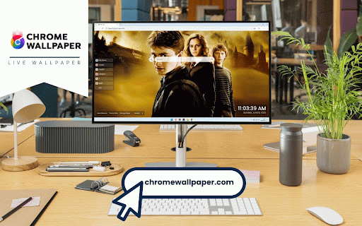 Harry Potter Live Wallpaper :: Harry, Hermione and Ron stand united with Hogwarts castle in golden magical atmosphere.