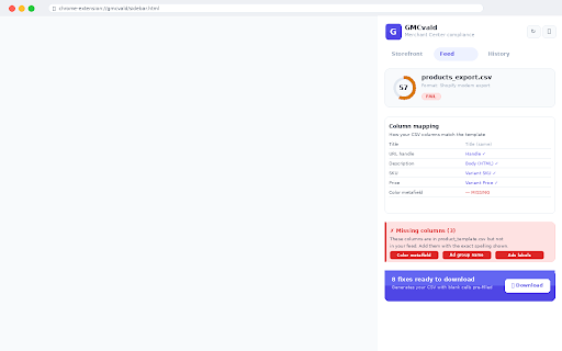 GMCvald — Merchant Center Compliance Scanner :: One-click GMC compliance scanner. Checks policies, contact info, checkout, and product feed. Avoid misrepresentation suspensions.