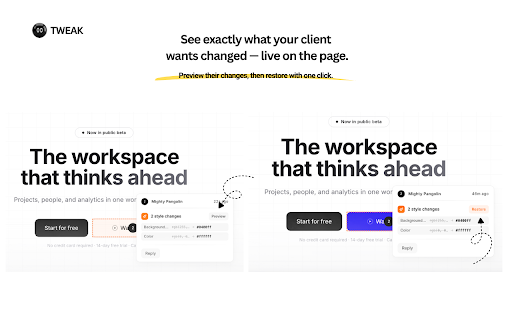 Tweak :: Collect client feedback on live websites. Pin comments to elements, style previews, and MCP fix workflows.