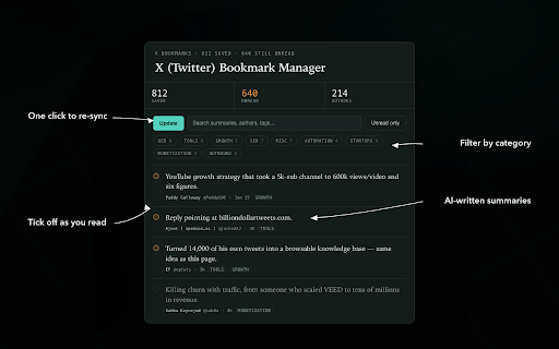 X (Twitter) Bookmark Manager :: Export, categorize, and actually read your saved X (Twitter) bookmarks. AI-tagged reading list, stored locally, bring your own key.
