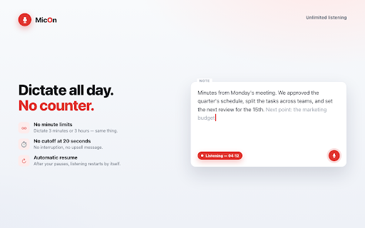 MicOn · Voice typing on every website :: Free voice dictation: a mic button on every field. Write by voice everywhere. No account, no limits, no servers.
