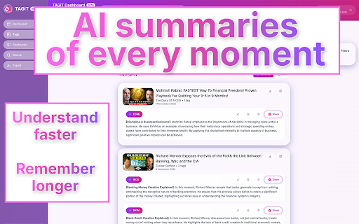 TAGiT - AI Video Bookmarks, Notes & Flashcards for YouTube Learning :: One-click timestamped YouTube notes with AI summaries and spaced repetition. Capture insights from videos and podcasts instantly.