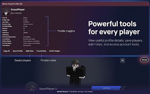 Roblox Server Scout :: Roblox Server Scout helps you find better servers, use Quick Play, rejoin recent lobbies, customize themes, and access player tools.
