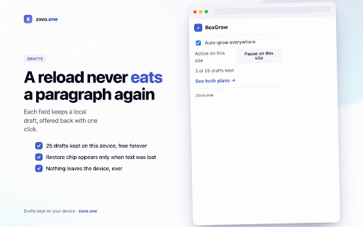 BoxGrow — Textarea Auto-Grow & Pop-Out Editor :: Auto-grow text boxes as you type, pop out into a full-page editor, and restore drafts after a reload. Nothing leaves your device.
