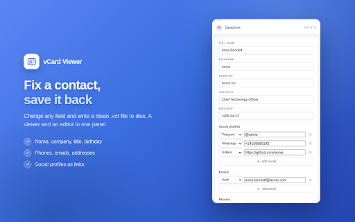 vCard Viewer — VCF Reader and Editor for .vcf Files :: Open and edit VCF/vCard files in Chrome's side panel. Save contacts, export to CSV, and copy details.