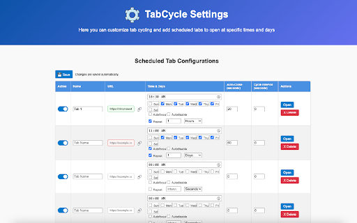 TabCycle - Auto-Rotate Tabs for Dashboards and Wallboard Displays :: Automatically switches browser tabs at a time of your choice, and schedules URLs to open at specific dates/times.