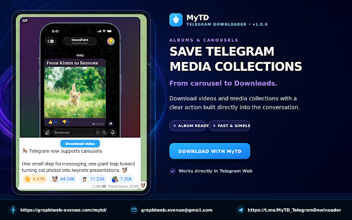 Telegram Media Downloader - MyTD :: Save videos, photos and files from your Telegram Web chats in original quality — albums, large files and bulk saving.