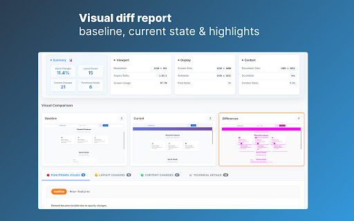UI Testing Inspector :: Compare visual changes before and after making updates to web pages with detailed diff reports and DOM analysis.