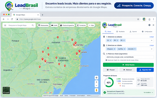 LeadBrasil Maps :: Encontre empresas no Google Maps por estados, cidades e palavras-chave. Teste grátis de 200 leads sem cadastro e Pro ilimitado.