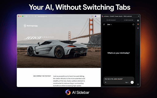 AI Sidebar — ChatGPT, Claude, Gemini — FREE & Unlimited :: AI Sidebar & AI Assistant for Chrome. Chat with ChatGPT, Claude & Gemini in one side panel. 100% free, with unlimited usage.