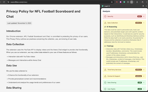 Legal AI: Privacy Policy Analyzer :: Legal AI analyzes privacy policies in real-time, providing risk assessments across key privacy dimensions.