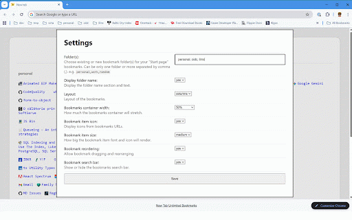 New Tab Unlimited Bookmarks :: Add unlimited bookmarks to the Chrome start page. Works with existing bookmarks folders.