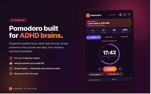 Dopamodoro - ADHD Pomodoro Timer & AI Focus Coach :: Pomodoro built for ADHD brains. Dopamine-positive focus sessions with an AI coach, session journal, streaks, and achievements.