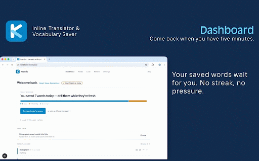 Krendo - Inline Translator & Vocabulary Saver :: Translate inline while you read. A quiet hand on the page — save what stopped you, come back to remember. No account.