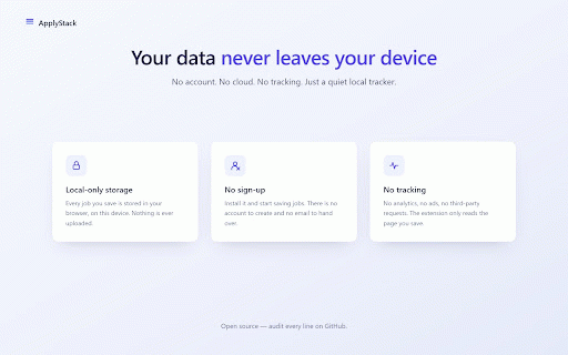 ApplyStack :: Privacy-first job page saver and application tracker. Local-only: no account, no backend, no tracking.