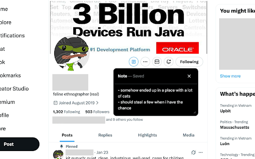 Twitter Notes - X Profile Annotations :: Add personal notes to Twitter/X user profiles