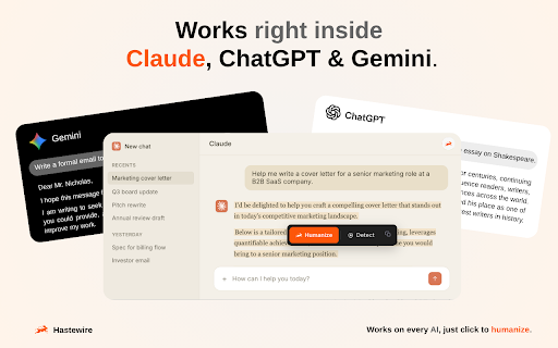 Hastewire: AI Humanizer & AI Detector :: Humanize AI text and detect AI content instantly on any webpage. Bypass AI detectors with one click. 7+ languages.