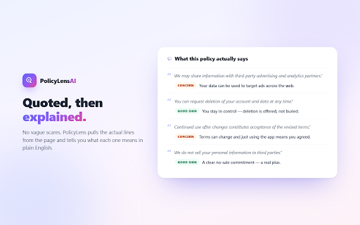 PolicyLens AI :: Understand any Terms or Privacy policy in plain English and see your privacy exposure before you agree. Page analysis runs locally.