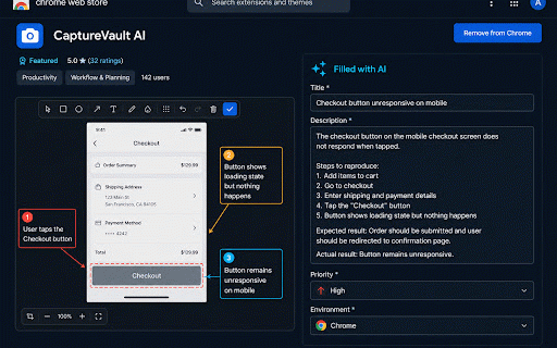 CaptureVault: AI Screenshot Recorder & Bug Reports :: Capture, annotate, and AI-fill bug reports — send to Sheets, Drive, GitHub, or Jira in a few clicks.