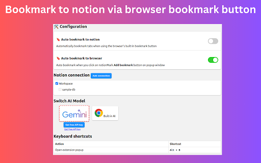 NotionMark - AI Bookmark to notion :: Bookmark tabs to notion with AI-generated properties e.g Summary, Categories, Description, Tags. Capture screenshot. Sync bookmarks